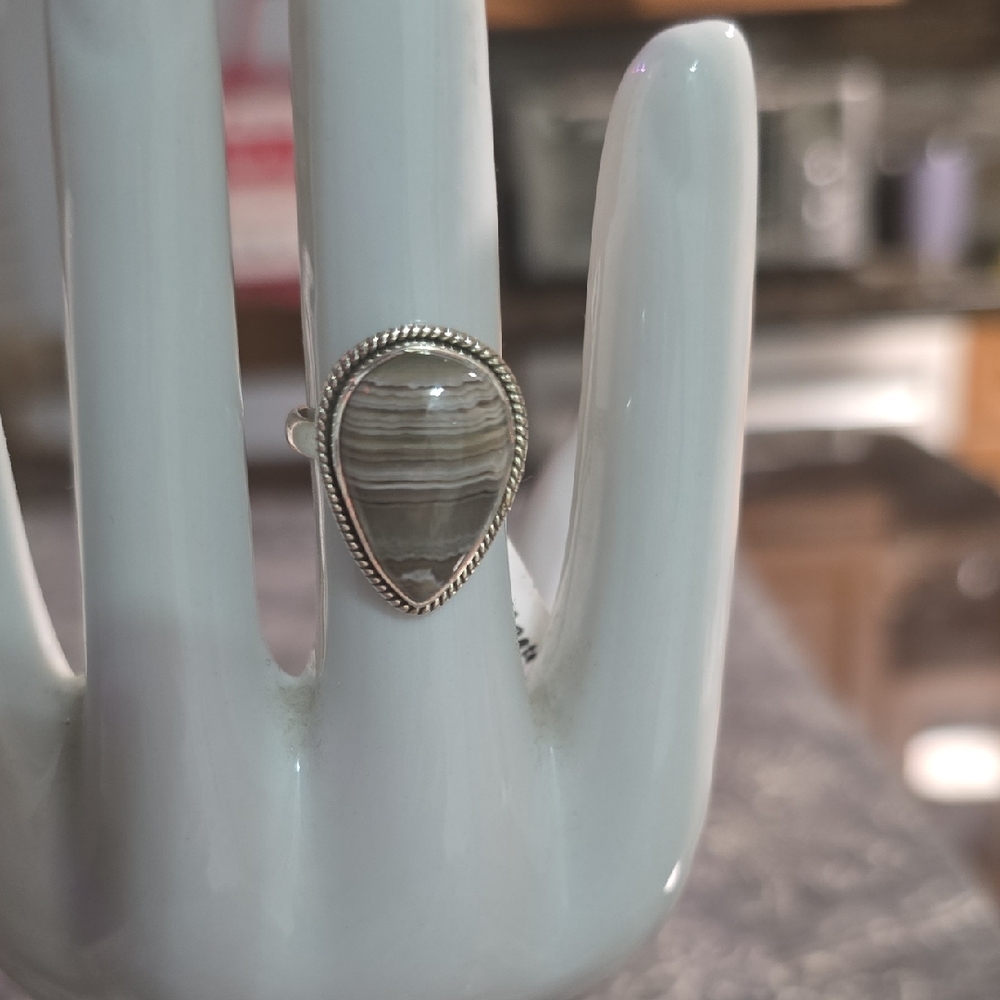 925 Sterling Silver Crazy Lace Agate Teardrop Ring~Sz  7